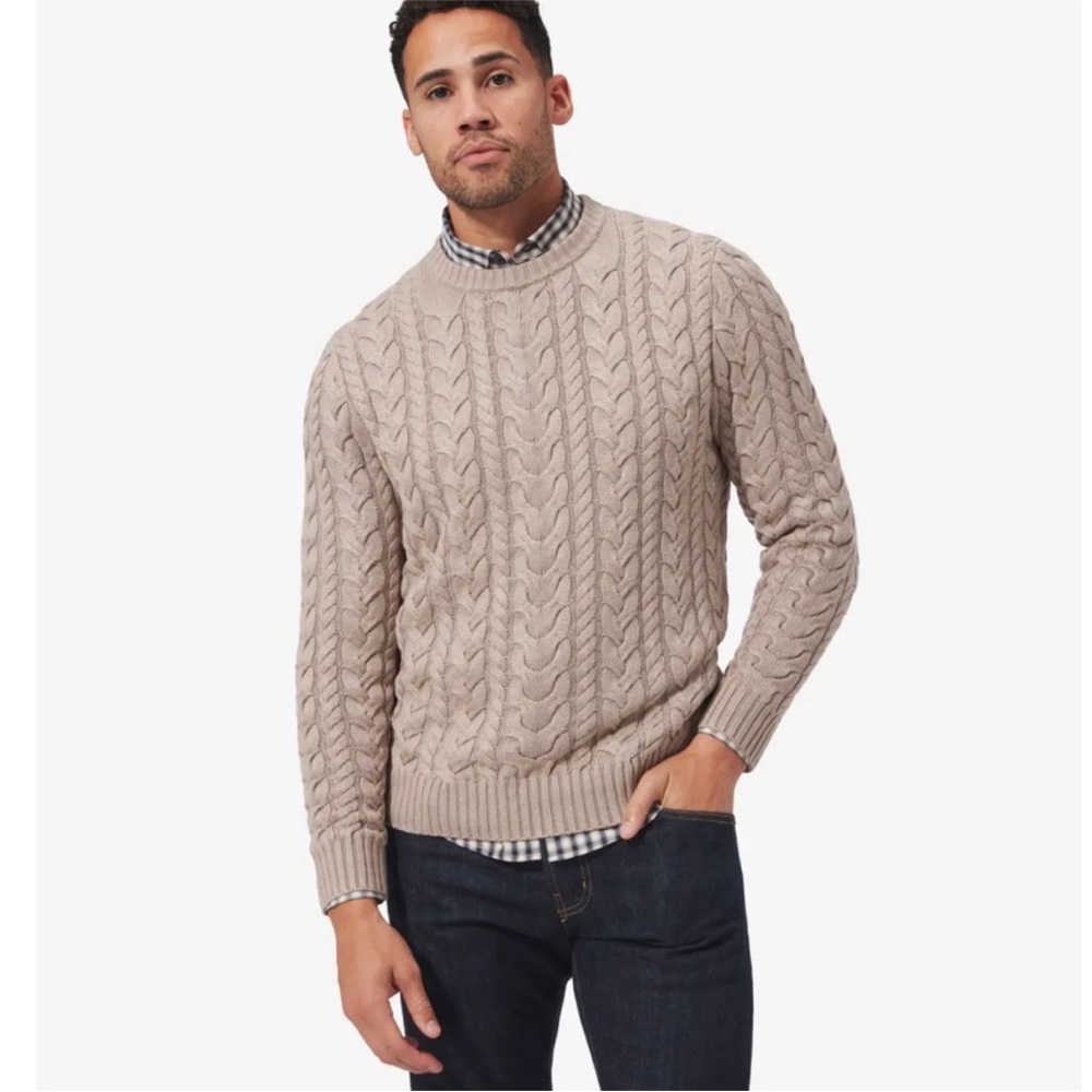 Mizzen + Main Redford Cable Knit Crewneck Sweater Mens XL Beige/Khaki NEW
